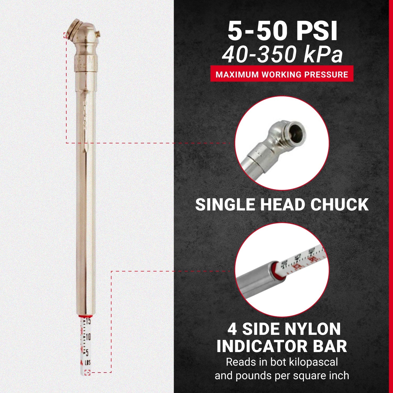 Tire Pressure Gauge, 5-50 PSI Single Head Air Chuck(Box of 100)