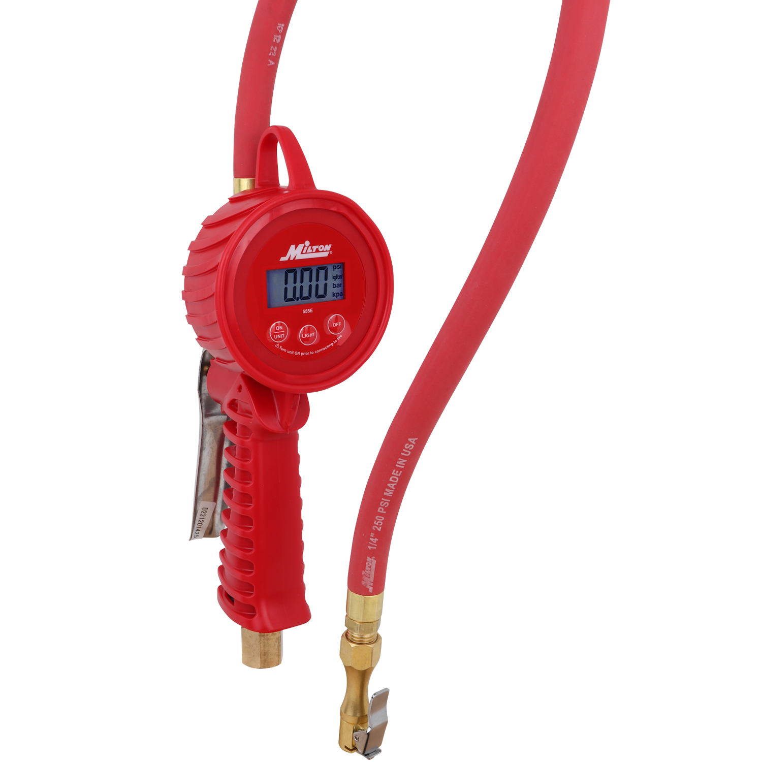 555e Digital Tire Inflator Gauge, used on multiple vehicle types, measures from 5 to 220 PSI, ± 1 PSI Accuracy