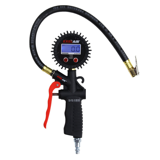 EXELAIR® Digital Pistol Grip Tire Inflator/Deflator Gauge, 16" Air Hose and Easy-Clip Chuck