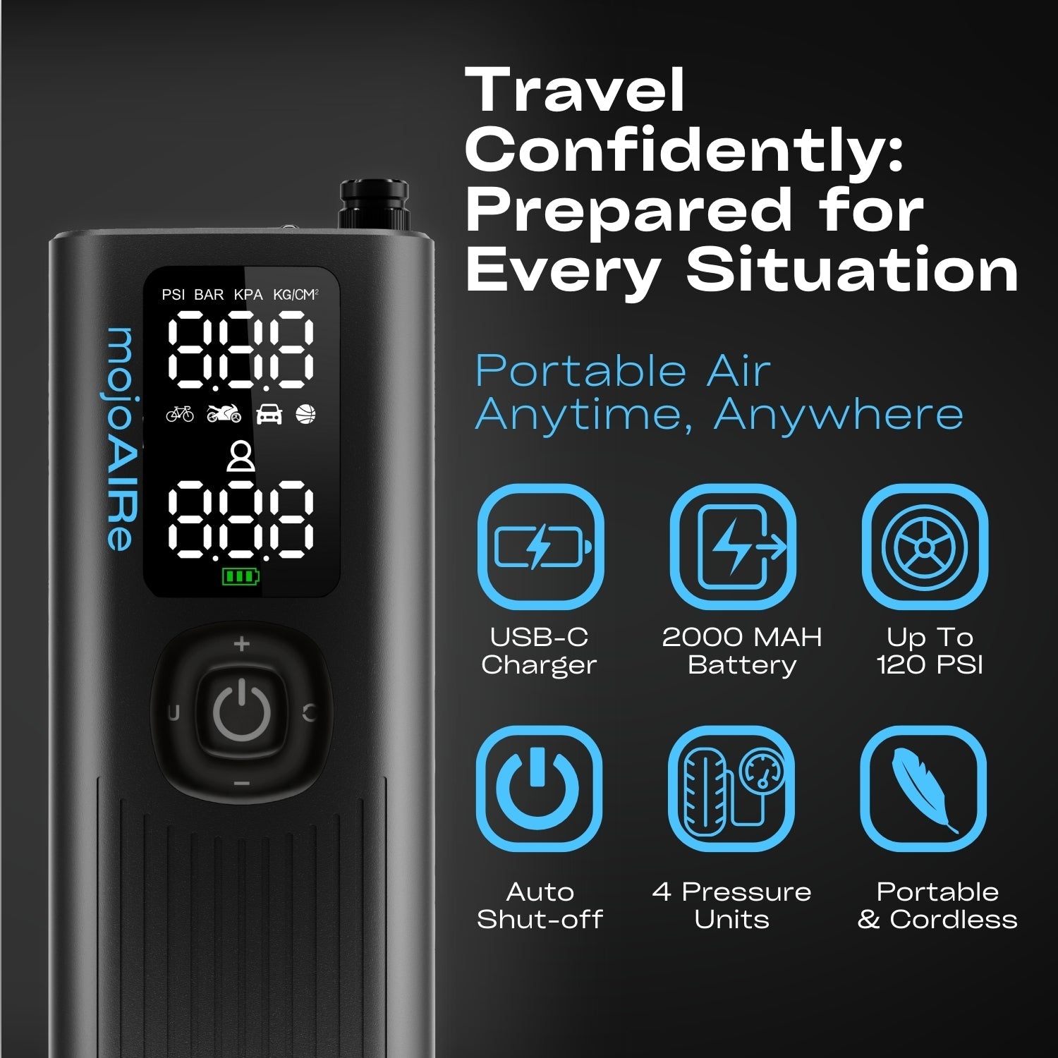 mojoAIRe® Portable Tire Inflator 120 PSI / 2x 2000 MAH Battery