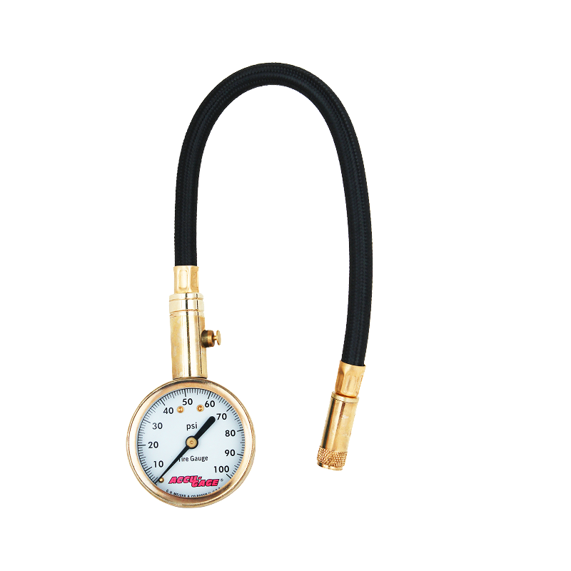 ACCU-GAGE® by Milton® Dial Tire Pressure Gauge with Straight Air Chuck and 11 in. Braided Hose - ANSI Certified for Motorcycle/Car/Truck Tires (0-100 PSI)