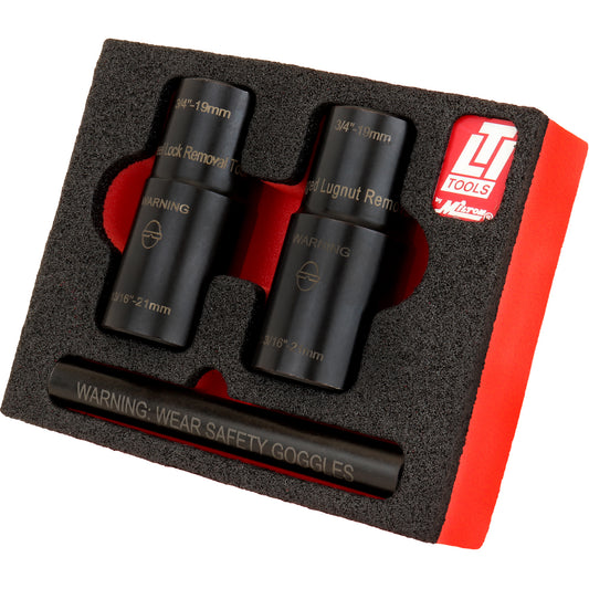 LT4300F – 3 Piece Twist Socket Lug Nut Removal System with Foam Storage Tray