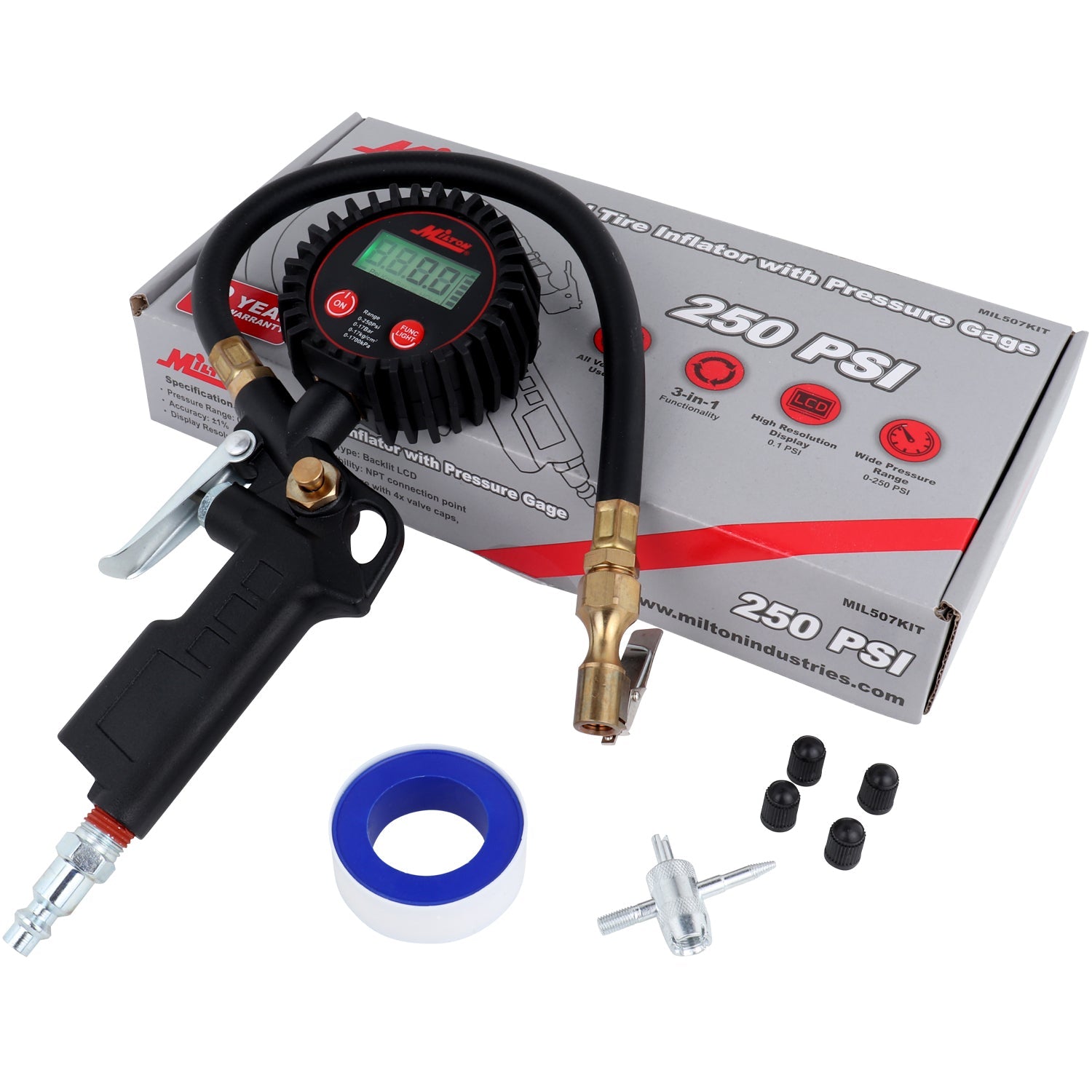 Digital Tire Inflator Car Accessories w/Accurate Air Tire Pressure Gauge, 14” Rubber Air Hose – 250 PSI, Brass Lock-On Clip Air Chuck and Compressor Accessories