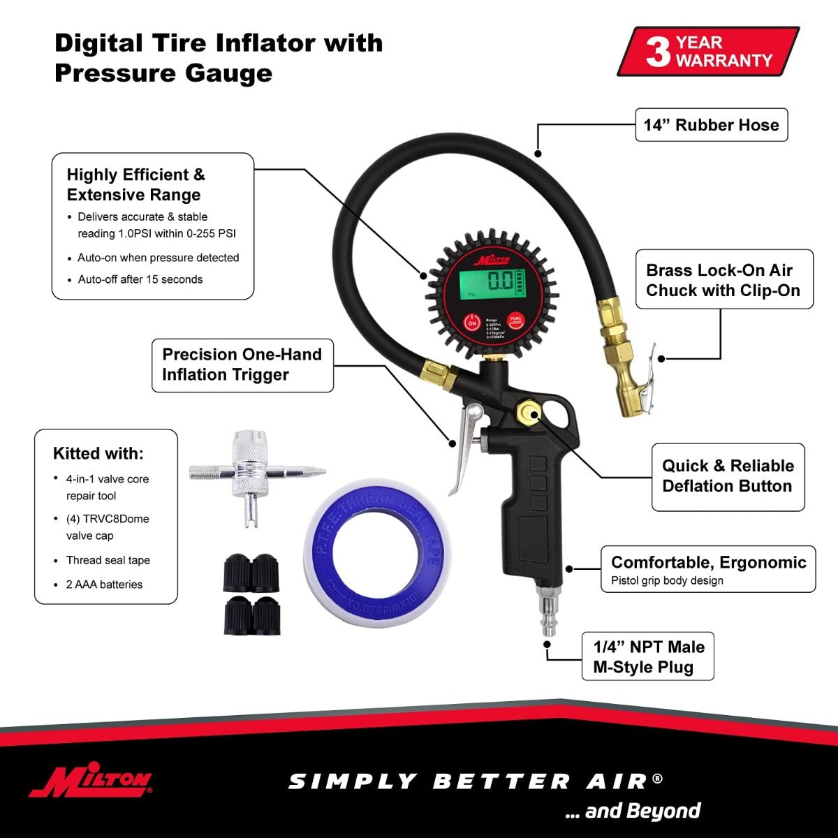 Digital Tire Inflator Car Accessories w/Accurate Air Tire Pressure Gauge, 14” Rubber Air Hose – 250 PSI, Brass Lock-On Clip Air Chuck and Compressor Accessories