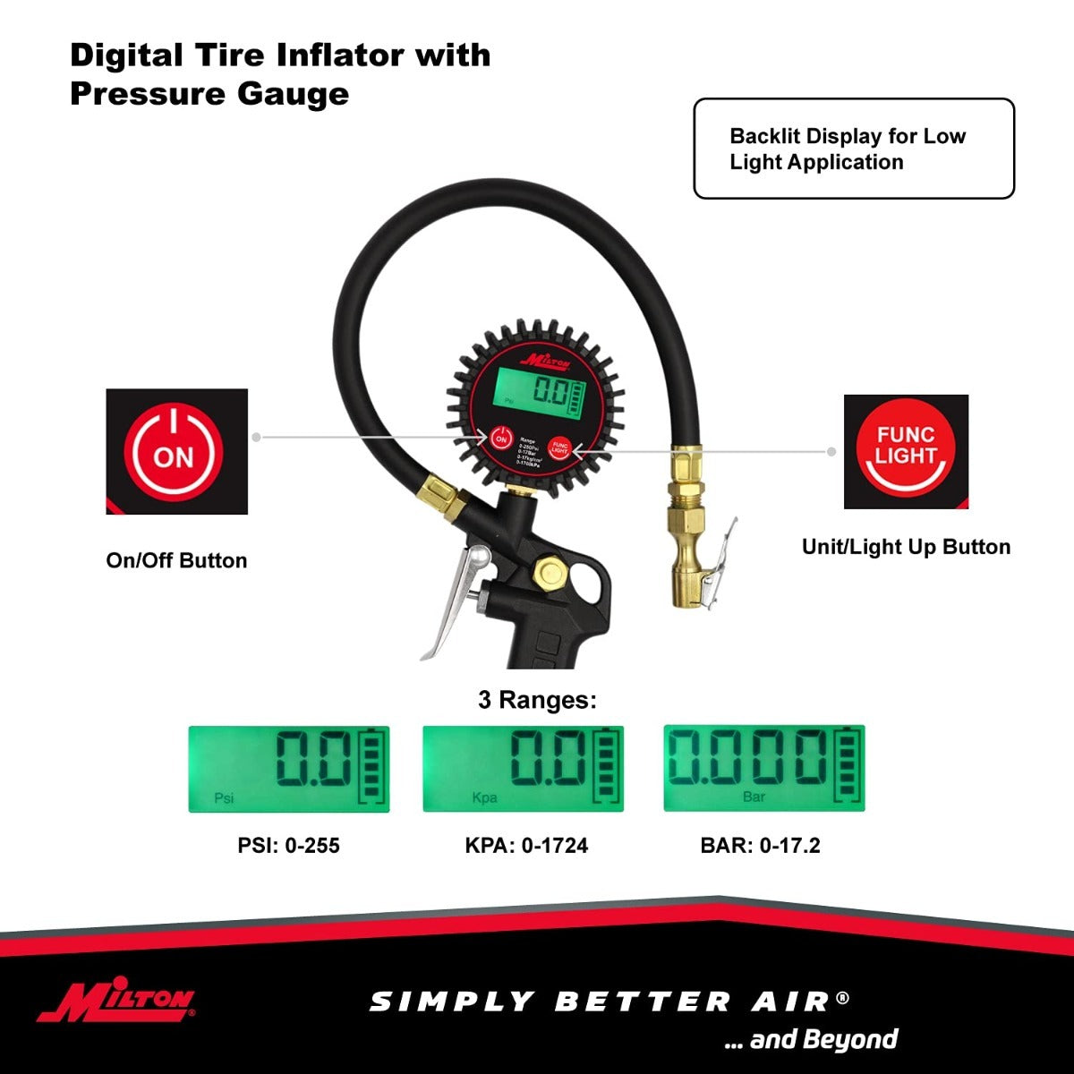 Digital Tire Inflator Car Accessories w/Accurate Air Tire Pressure Gauge, 14” Rubber Air Hose – 250 PSI, Brass Lock-On Clip Air Chuck and Compressor Accessories