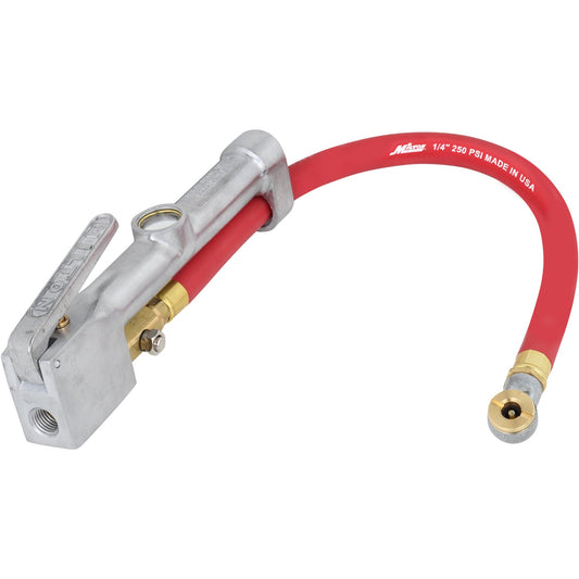 Service Station Tire Inflator and Air Pressure Gauge, Single Head Chuck, 1/4" NPT, 15" Rubber Hose, 10-160 PSI