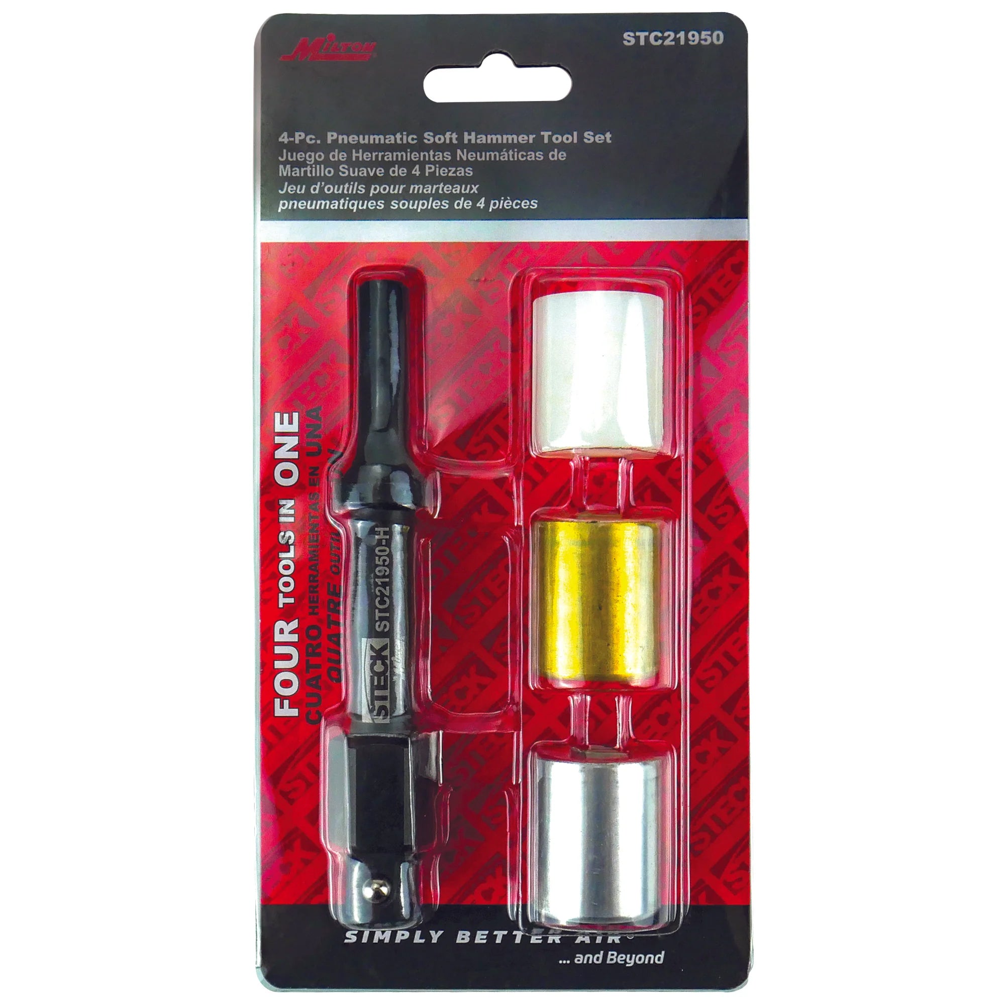 Pneumatic soft hammer tool set packaging with tools visible on a red background