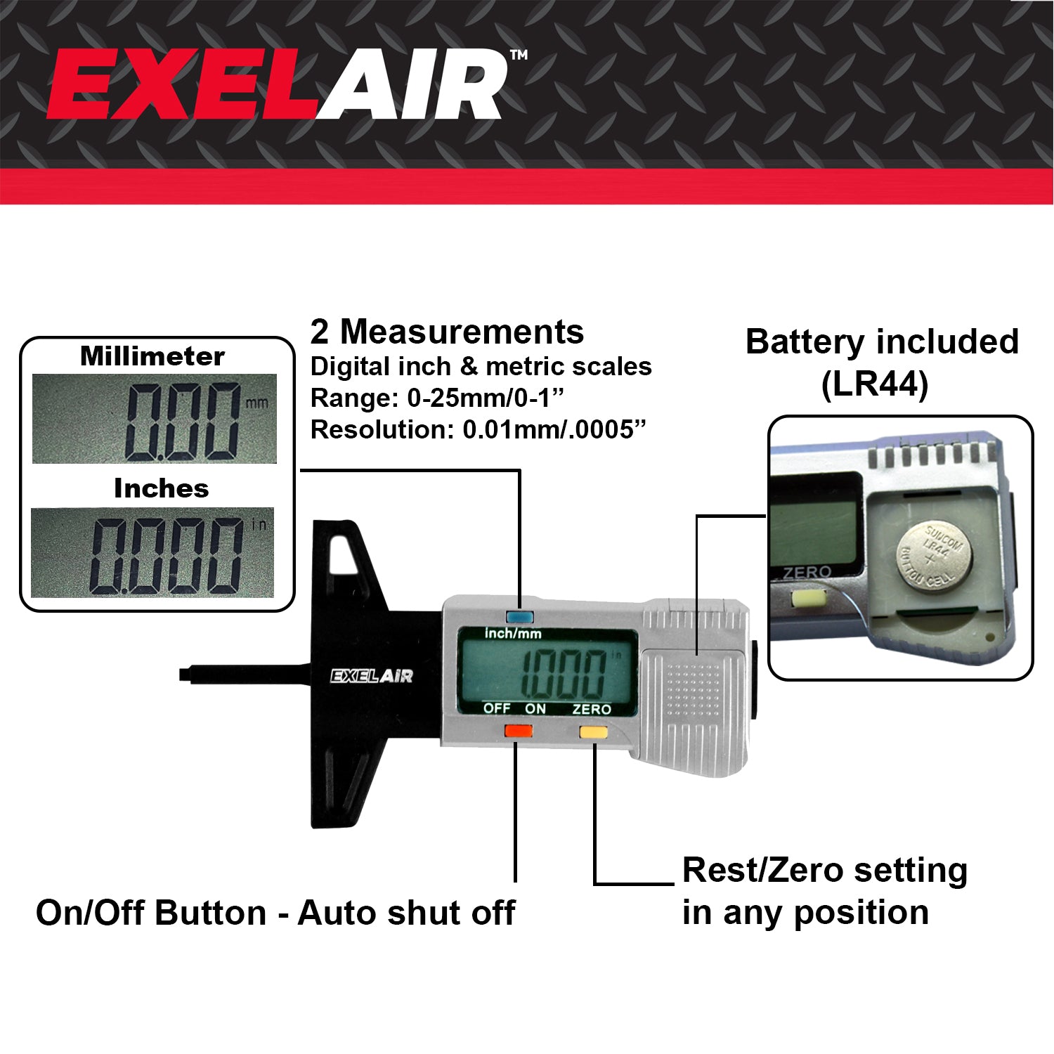 EXELAIR® Digital Tire Tread Depth Gauge (0 to 1