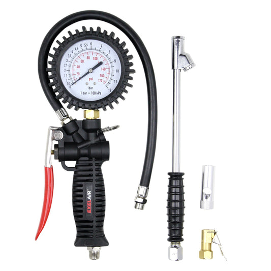 EXELAIR® 3-in-1 Pro Analog Pistol Grip Tire Inflator/Deflator Gauge Kit, 16" Hose, Easy-Clip Chuck, Dual Foot Chuck, and Bonus Venturi Tip, 175 PSI