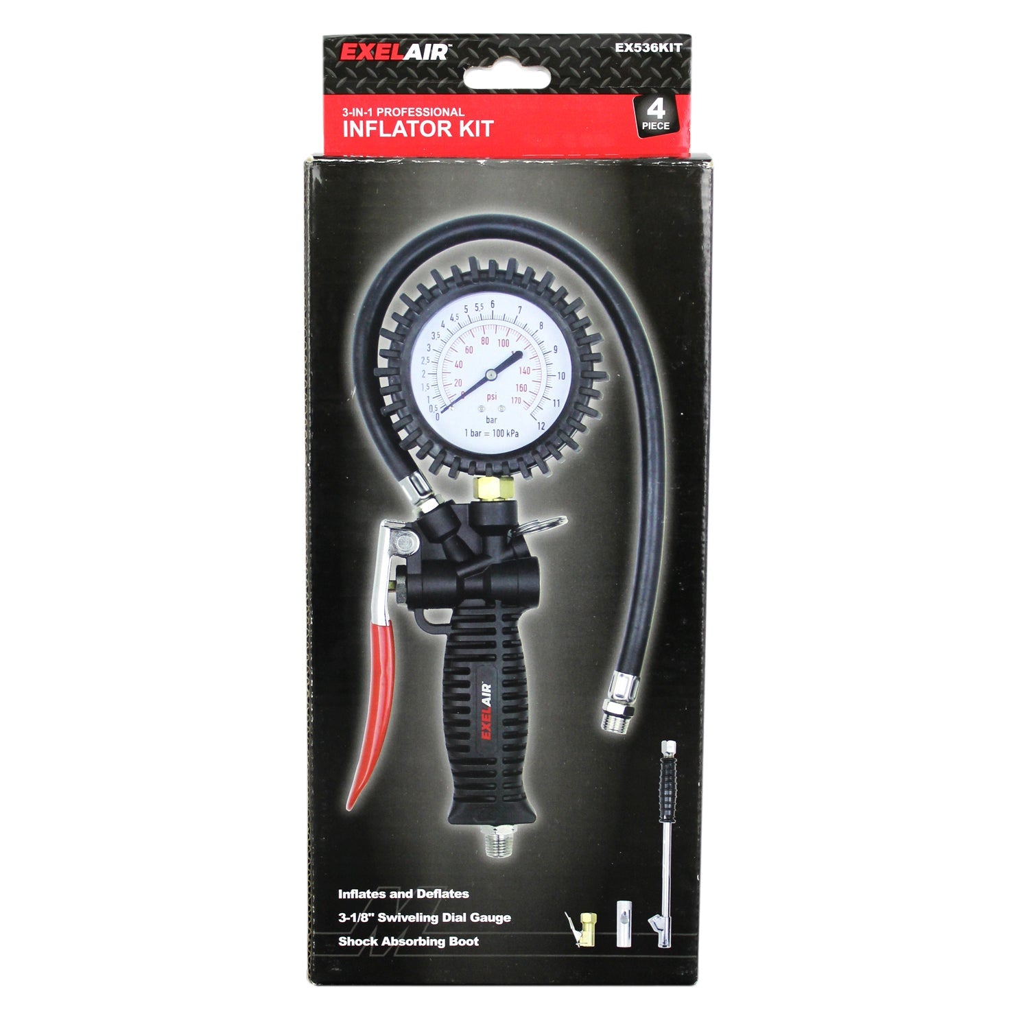 EXELAIR® 3-in-1 Pro Analog Pistol Grip Tire Inflator/Deflator Gauge Kit, 16