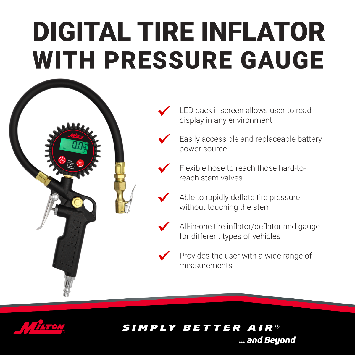 Digital Tire Inflator Car Accessories w/Accurate Air Tire Pressure Gauge, 14” Rubber Air Hose – 250 PSI, Brass Lock-On Clip Air Chuck and Compressor Accessories