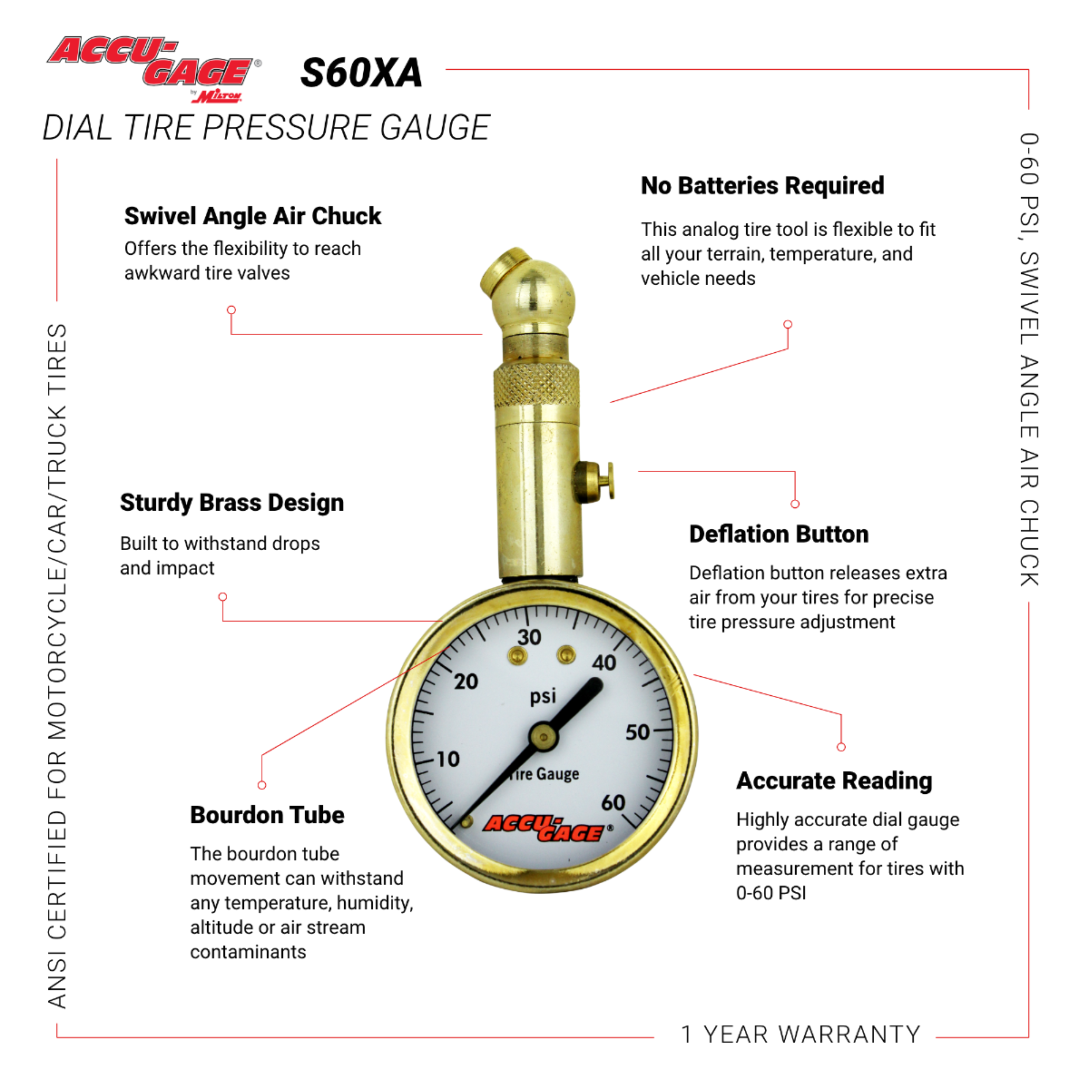 ACCU-GAGE® by Milton® Dial Tire Pressure Gauge with Swivel Angle Air Chuck - ANSI Certified for Motorcycle/Car/Truck Tires (0-60 PSI)