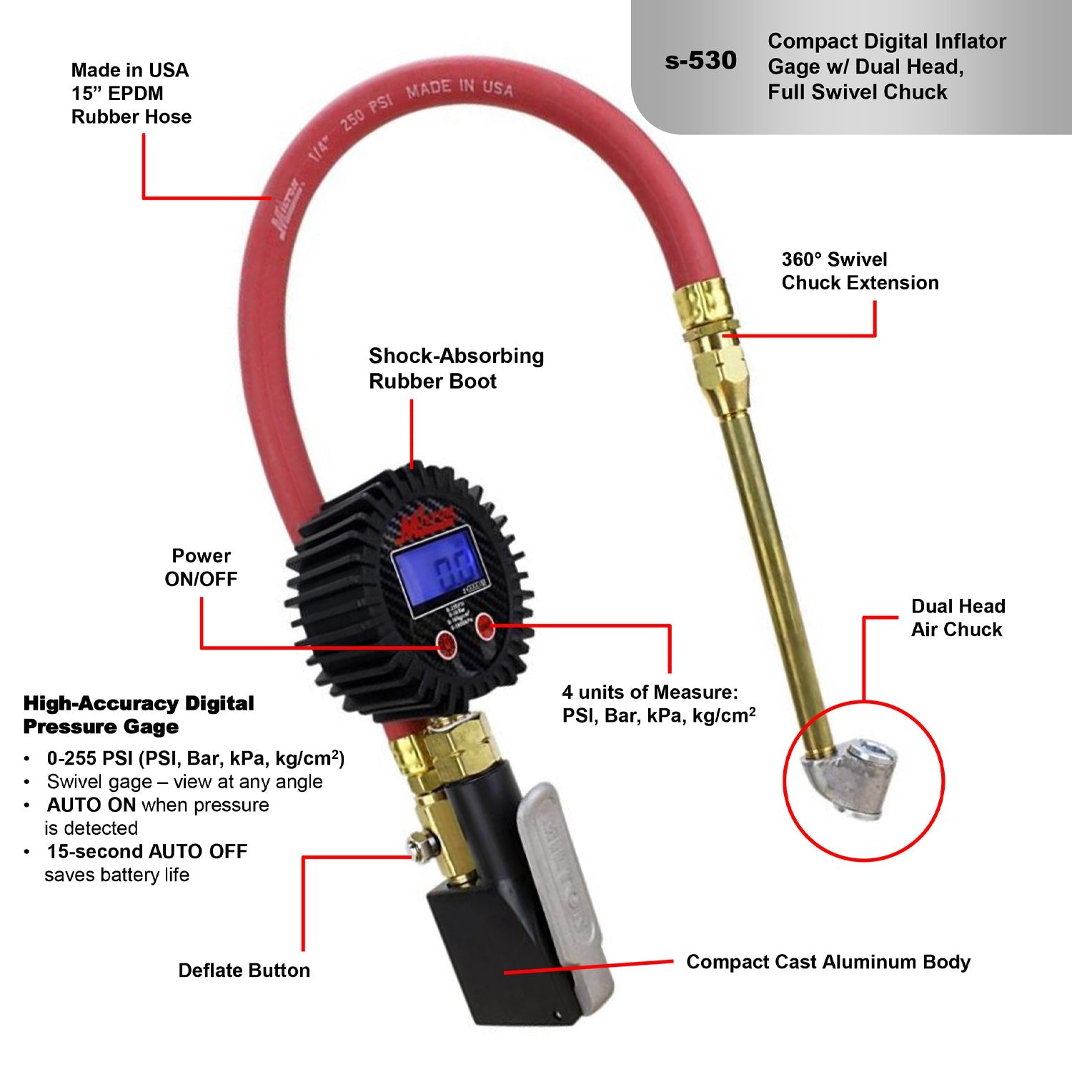 S-530 Compact Digital Tire Inflator with Pressure Gauge (255 PSI) - Air Chuck & 15