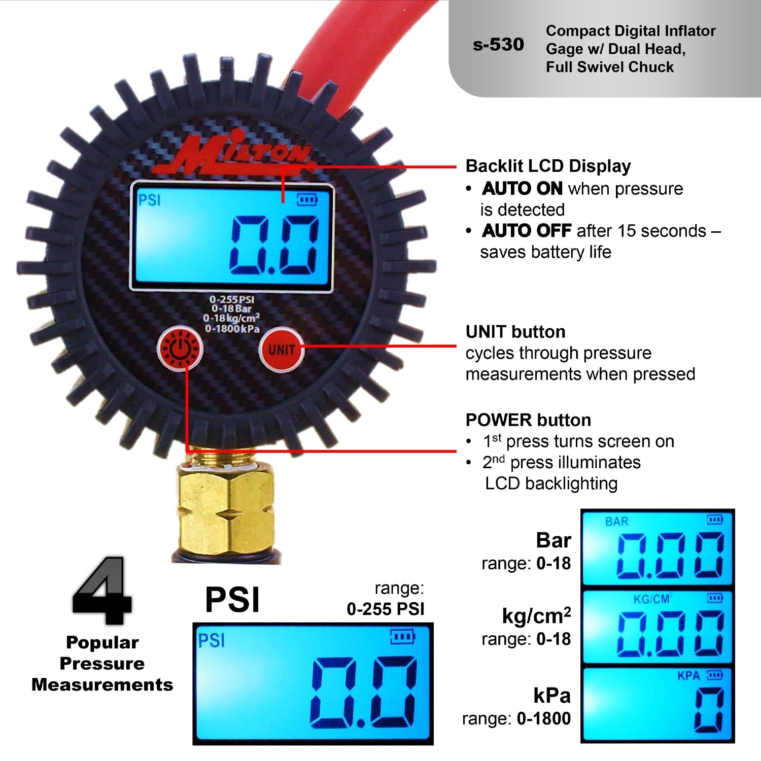 S-530 Compact Digital Tire Inflator with Pressure Gauge (255 PSI) - Air Chuck & 15