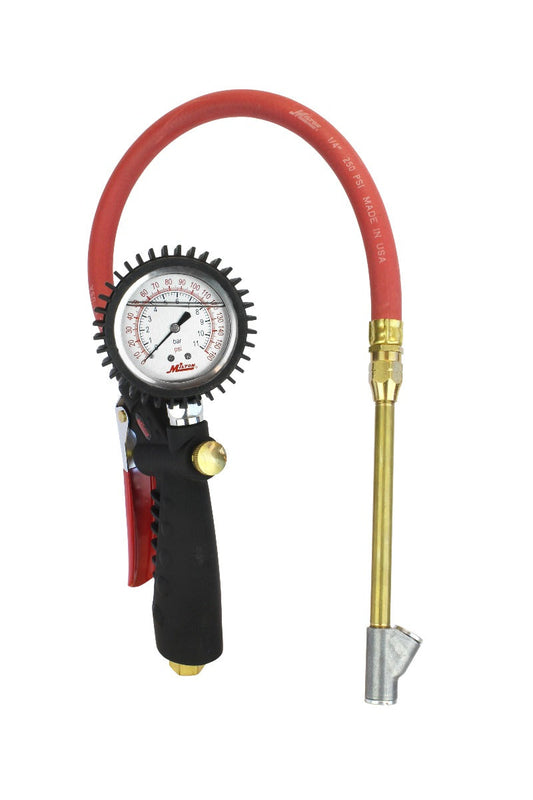 Pro Series Oil-Filled Analog Pistol Grip Tire Inflator/Deflator Pressure Gauge - Dual Head Straight Foot Chuck w/Lock-On Threads, 15" Hose, 160PSI
