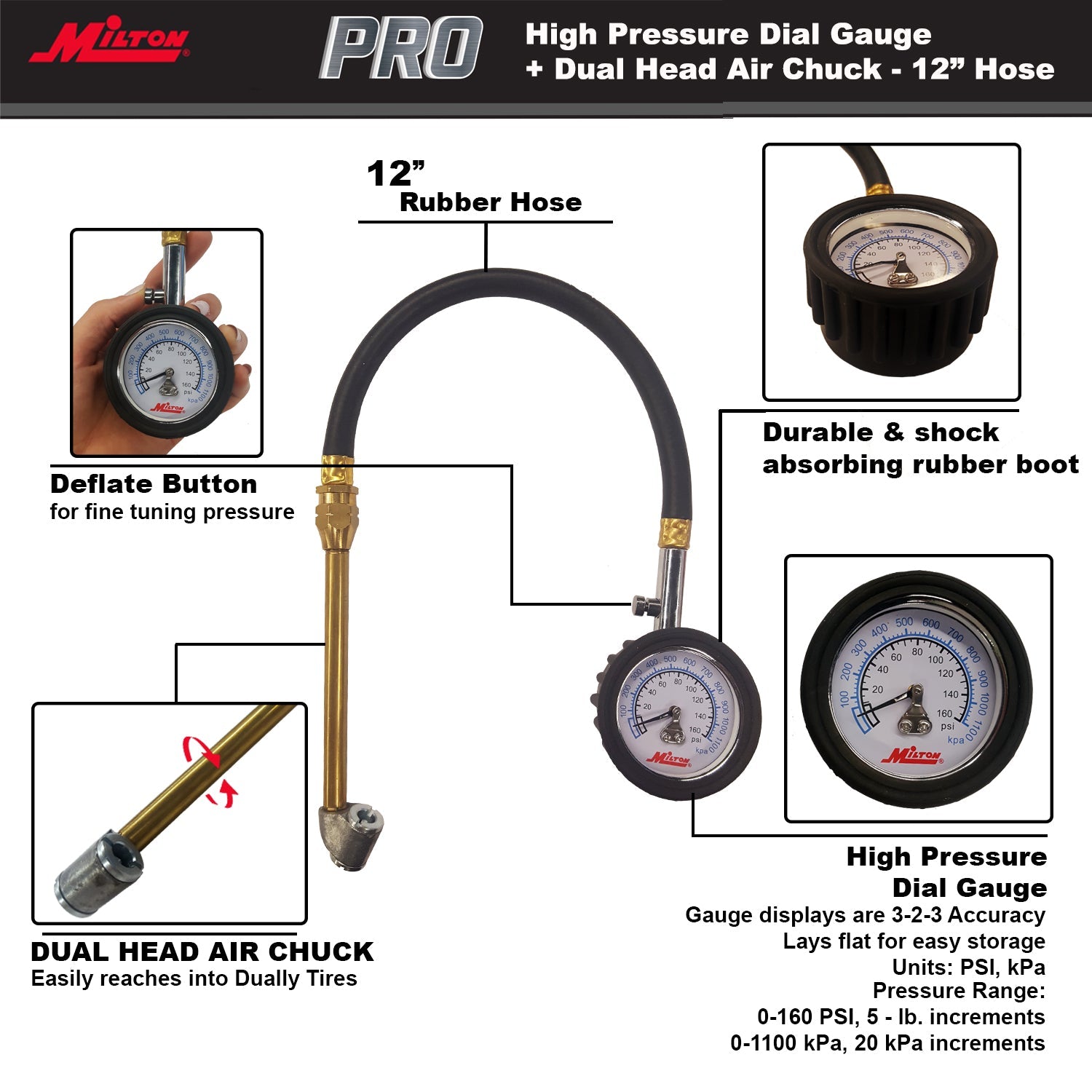 High Pressure Dial Tire Pressure Gauge - Dual Head Air Chuck, 12