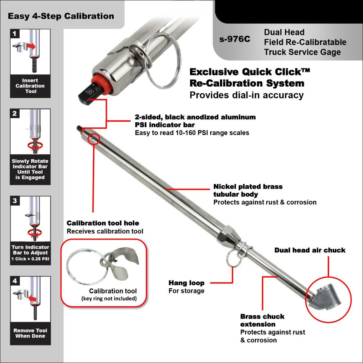 Re-Calibratable Tire Pressure Service Gauge, Dual Head Chuck, 10-160 PSI