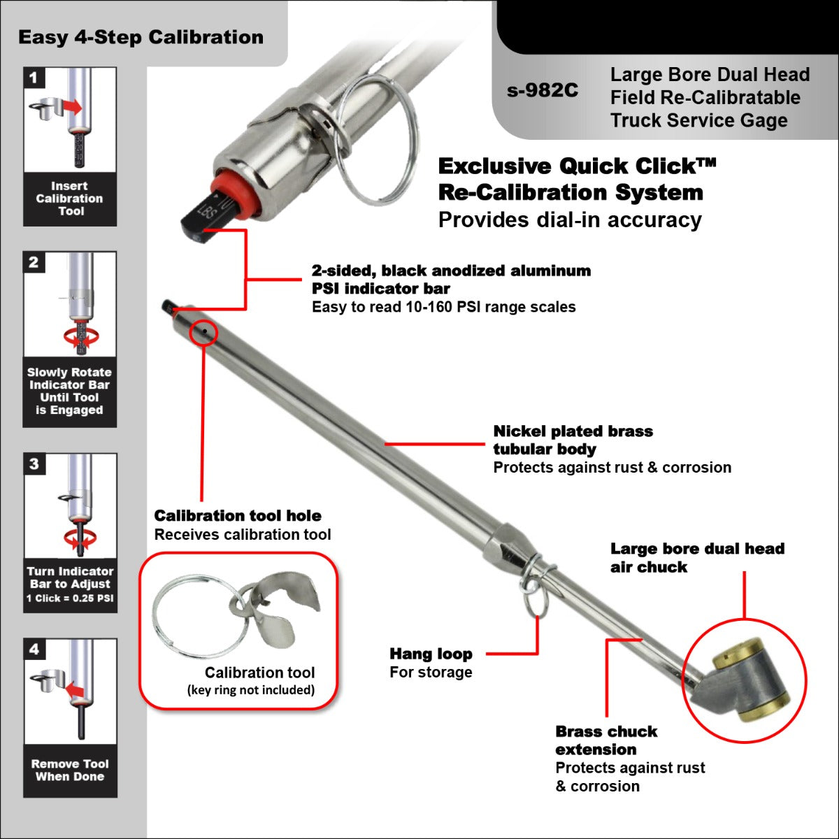 Re-Calibratable Tire Pressure Service Gauges - 10-160 PSI
