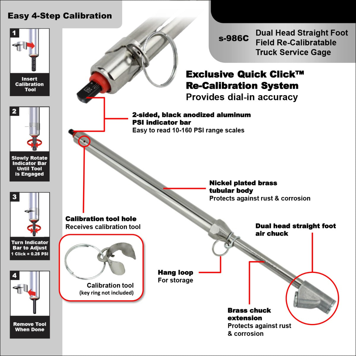 Re-Calibratable Tire Pressure Service Gauges - 10-160 PSI